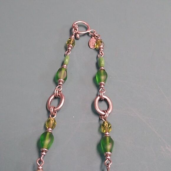 Ann Cichon Signed Green Cabochon Silver Tone Metal Green Beads Cottagecore - Picture 9 of 10